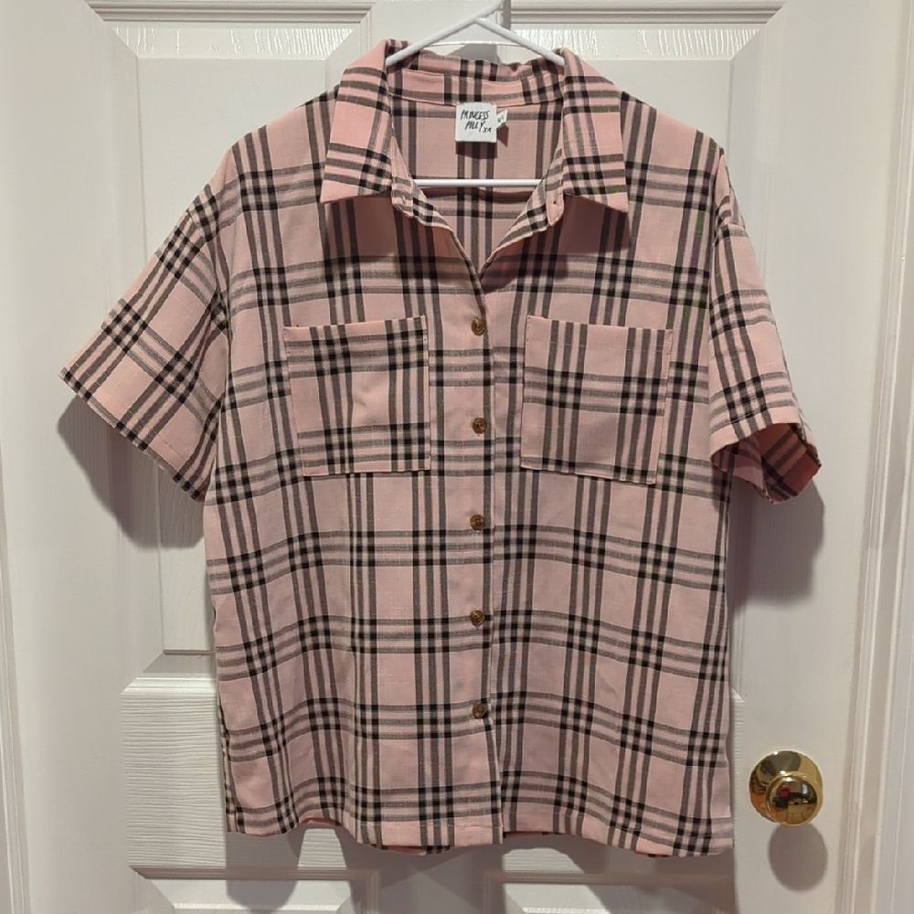 Y2K Grunge Pink Plaid Button-Up Shirt With Pockets Princess Polly M/L Streetwear - Picture 2 of 10